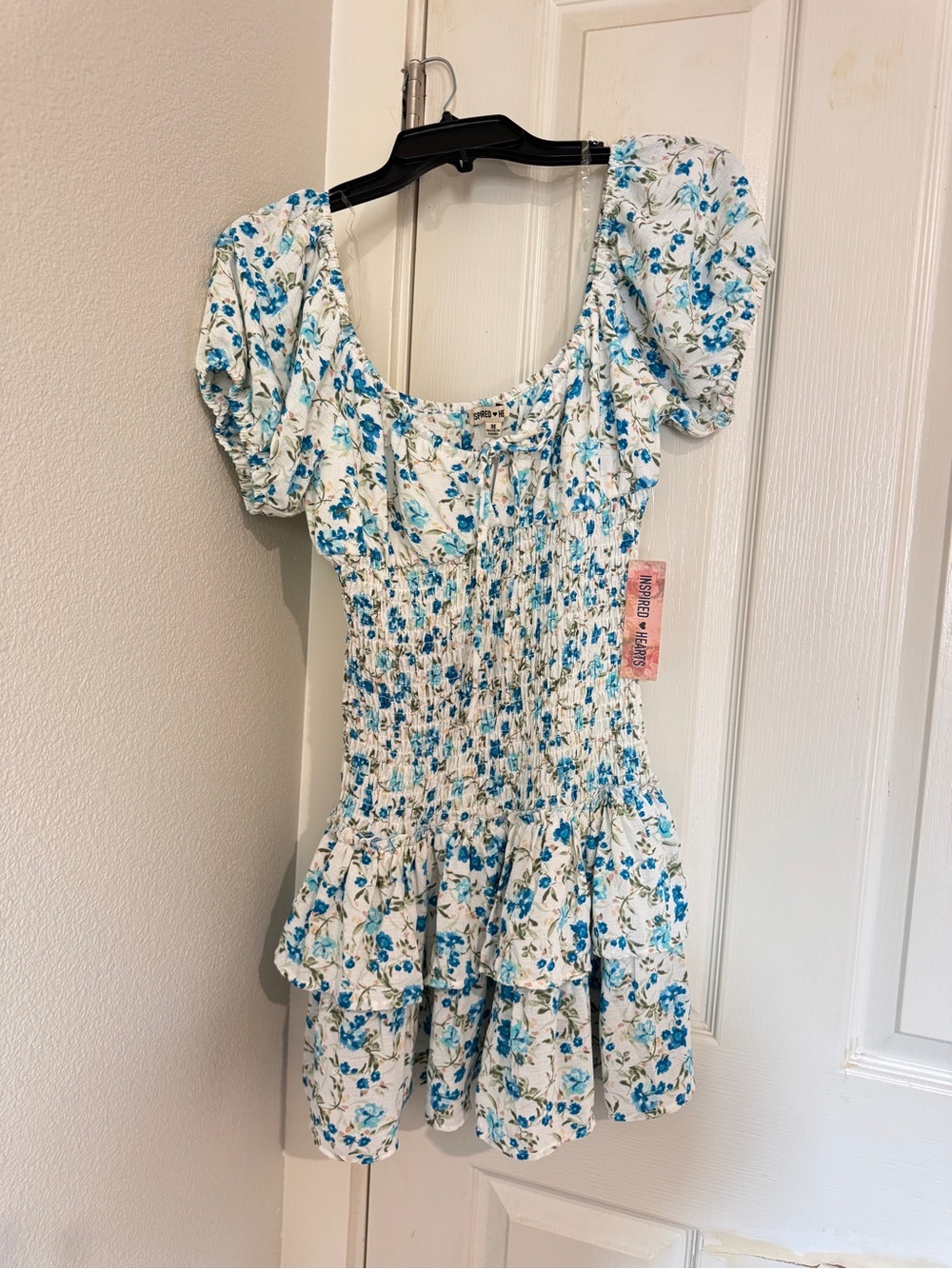 Blue Floral Smocked women Dress with Puff Sleeves